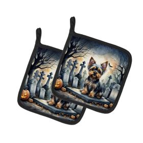 Yorkshire Terrier Spooky Halloween Pair of Pot Holders Kitchen Heat Resistant Pot Holders Sets Oven Hot Pads for Cooking Baking BBQ, 7 1/2 x 7 1/