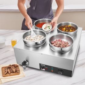 Electric Soup Warmer, Four 7.4QT Stainless Steel Round Pot 86~185°F Adjustable Temp, 1500W Commercial Bain Marie With Anti-dry Burn And Reset But