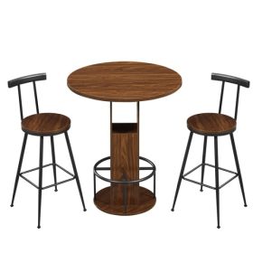 3-Piece Bar Table And Stool Set 31.5-inch Round Bar Table With Two Stools Compact Wooden Dining Bar With Metal Ring Footrest Ideal For Restaurant (Option: defaulttitle)