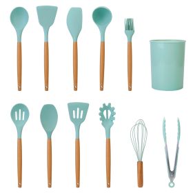 11Pcs Silicone Cooking Utensil Set Heat Resist Wooden Handle Silicone Spatula Turner Ladle Spaghetti Server Tongs Spoon Egg Whish Kitchenware Set w/ H (Option: LightGreen)